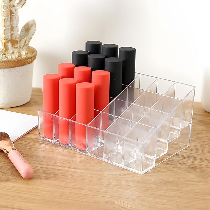 LOGJAM 2 Pcs Acrylic Perfume Organizer, 24 Slots Clear Lipstick Lipgloss Holder, Cosmetic Case For Lip Gloss Brushes Bottles