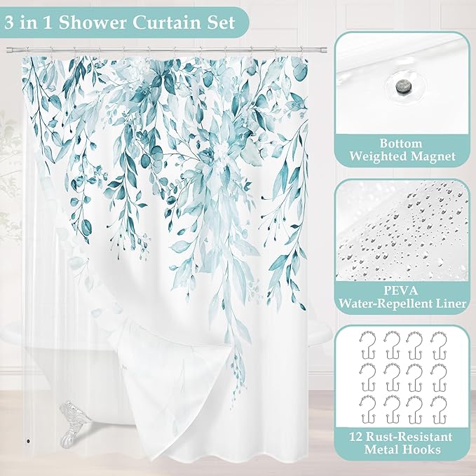 Gibelle 3 in 1 Shower Curtain Set, 72x72 SpaBlue Eucalyptus Bath Curtain and PEVA Liner Set with 12 Metal Hooks, Waterproof Fabric Bathroom Curtain