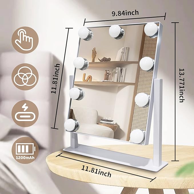 Makeup Vanity Mirror with Lights LED Makeup Mirror Detachable 10X Magnification, Hollywood Make Up Mirror with Lighting, Smart Touch, Rechargeable,360° Rotation, White 13.77"x 11.81"