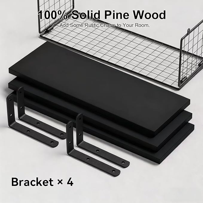 Bathroom Shelves Over Toilet, Set of 3 Wall Mounted Floating Shelves with Storage Basket Rustic Wood Shelf for Home Organization, Wall Decor for Bathroom, Kitchen, Living Room. (Black)