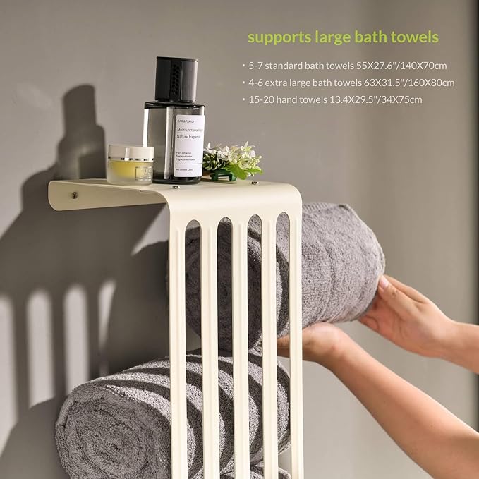 simpletome Towel Storage Rack Adjustable Height Wall Mount Bathroom Shelf Organizer Carbon Steel (Matte Cream)