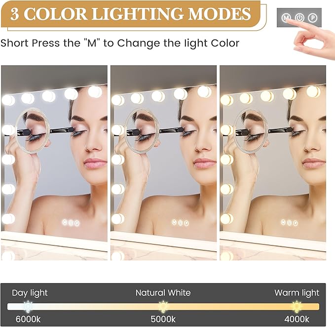 Vanity Mirror with Lights, 23" x 18" Makeup Mirror with Lights, Hollywood Lighted Vanity Mirrors with 15 Dimmable LED Bulbs, 3 Color Modes, Light up Mirror with Touch Control for Bedroom, Tabletop