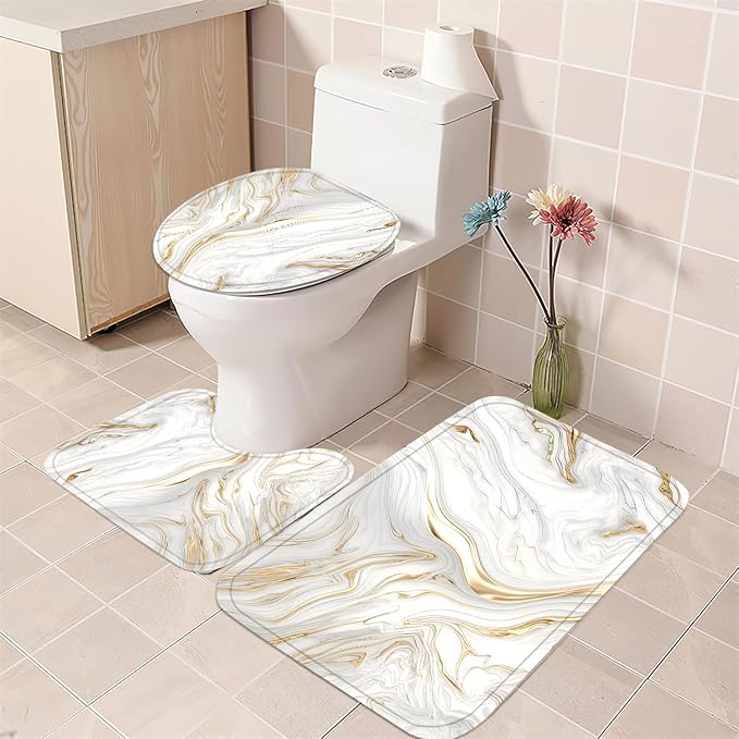 Nkzply 4 Pcs White Marble Shower Curtain Set Gold Bathroom Sets with Shower Curtain and Rugs Modern Abstract Bathroom Decor Accessories Bathroom Rugs Toilet Lid Cover with Hooks
