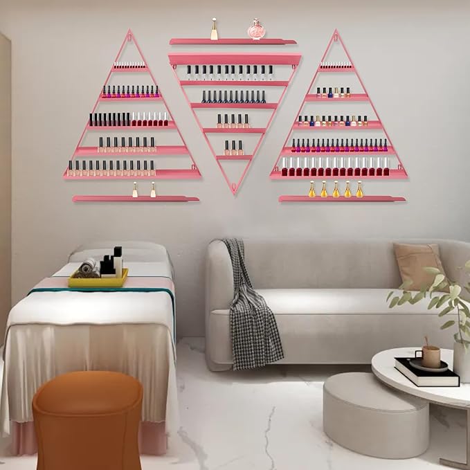 5 Tier Wall-Mounted Metal Nail Polish Display Rack,Simple Triangular Storage Shelves,Essential Oil and Perfume Organizers,Cosmetic Display Cases for Home Spa Nail Salon Shop (Pink)