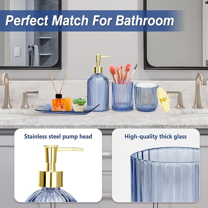 Jenseits Blue Bathroom Accessories, 4 Pcs Glass Bathroom Set Complete Includes Soap Dispenser, Toothbrush Holder, Apothecary Jar, Vanity Tray, Decorative Bathroom Organizers Decor, Housewarming Gift