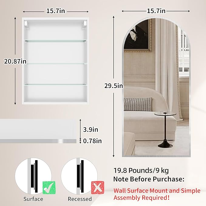FKWin Arched Medicine Cabinets with Mirror, Bathroom Mirror with Storage, Aluminum Alloy Bathroom Cabinet, Modern Bathroom Wall Cabinet with 3 Adjustable Shelves, Not Recessed, 29.5"x15.7",Silver