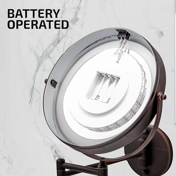 OVENTE 9" Lighted Wall Mount Makeup Mirror with 1X/7X Magnification, Cordless Double Sided Magnifying Round Vanity Mirror, 360° Swivel Design, Extendable and Folding Arm, Antique Bronze MFW85ABZ1X7X