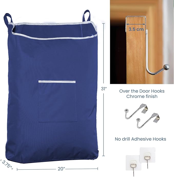 Fine Living Co. Large Hanging Laundry Hamper with Over Door Hooks & Adhesive, Durable Space Saving Laundry Bag with Zipper and Wide Open Top, Hanging Dorm Laundry Hamper (Navy Blue-XL)