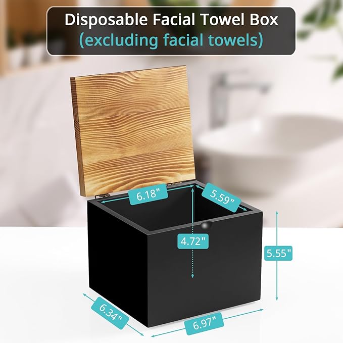Bivvclaz Disposable Face Towel Holder, Wooden Face Towel Container Compatible with Clean Towels XL, Face Towels Storage Box with Lid, Makeup Remover Organizer for Vanity, Bathroom, Black