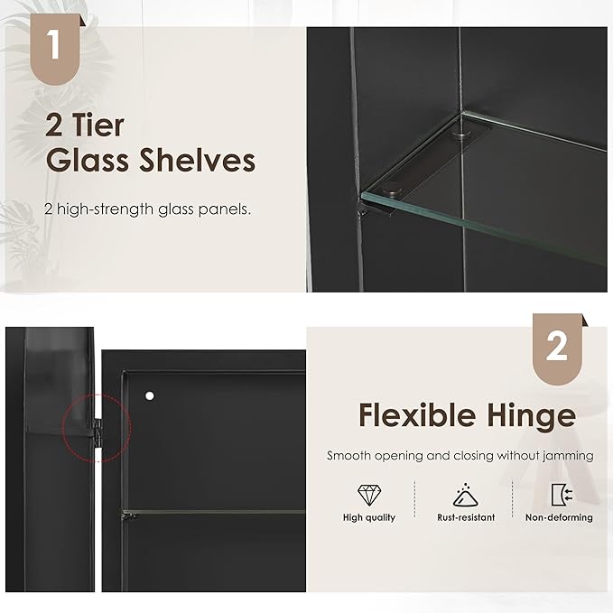 DlandHome Bathroom Medicine Cabinet with Mirror, 24”x16” Recessed Medicine Cabinet for Bathroom with Beveled Edge Mirror, Wall Mounted Deep Set Alumiunm Frame,Black