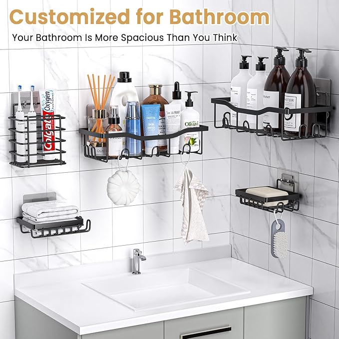 Rustproof Stainless Steel Shower Caddy 5 Pack, Bathroom Storage Accessory Shelf Organiser No Drilling Hanging, Soap Toothbrush Holder Set, Kitchen Wall Mounted Corner Decor, Matte Black