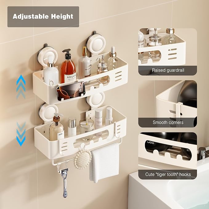 Voldra Shower Caddy Suction Cup, Shower Shelves for Inside Shower No Drilling, Aluminum Suction Showers Organizer for Wall with Towel Bar & Hooks Removable Bathroom Storage Rack(2 Pack-White)