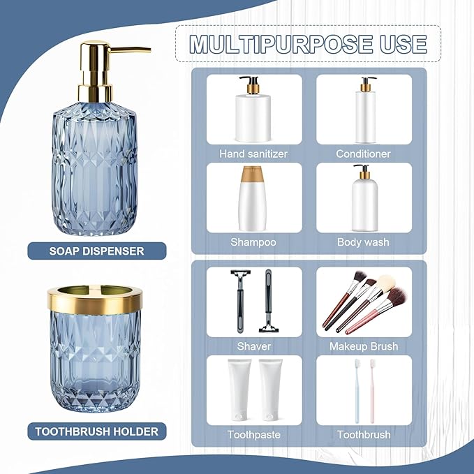 Glass Bathroom Accessories Set, 2PCS Clear Glass Bathroom Accessory, Toothbrush Holder and Soap Dispenser Set for Modern Bathroom Decor(Blue)