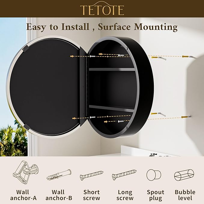 TETOTE 20 x 20 Inch Medicine Cabinet Mirror Brushed Nickel Framed Round Mirrored Medicine Cabinets for Bathroom Adjustable Shelves Modern Bathroom Mirror with Storage Wall Mounted