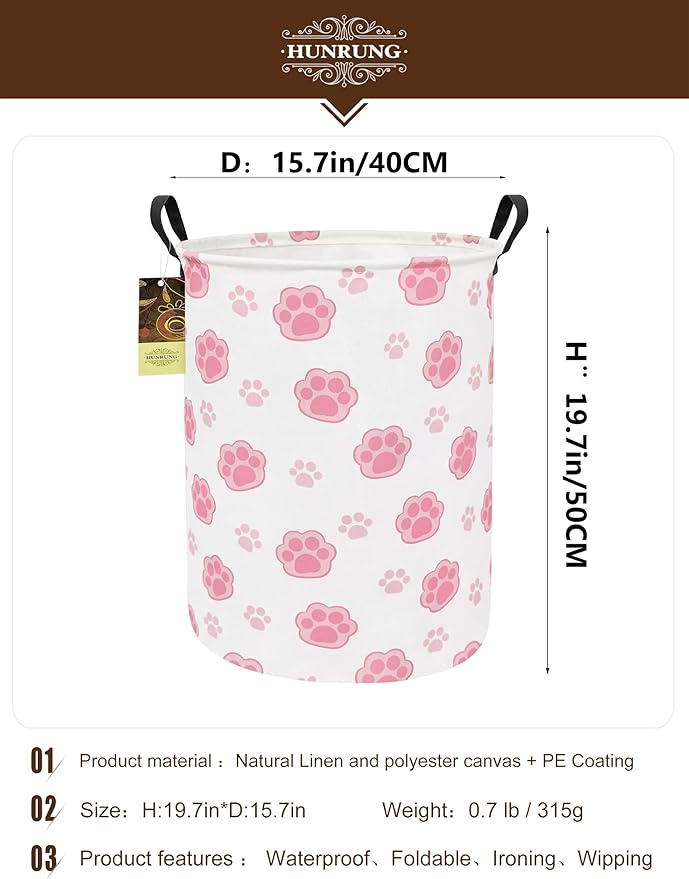 HUNRUNG Laundry Hamper,Large Canvas Fabric Lightweight Storage Basket Toy Organizer Dirty Clothes Collapsible Waterproof for College Dorms???Round-Pink Paw???