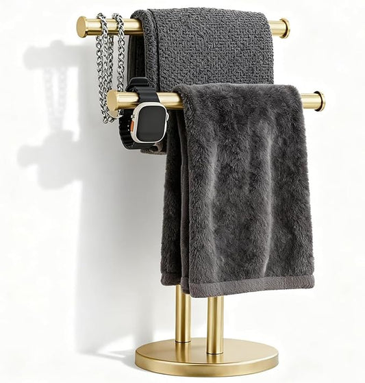 Hand Towel Holder, NEWRAIN Double Countertop Hand Towel Holder Stand, Stainless Steel Free Standing Hand Towel Rack with Heavy Base, for Bathroom Kitchen & Counter top, Brushed Gold