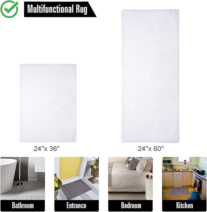 LOCHAS Luxury Bathroom Rug Shaggy Bath Mat 24 x 36 Inch, Washable Non Slip Bath Rugs for Bathroom Shower, Soft Plush Chenille Absorbent Carpets Mats, White