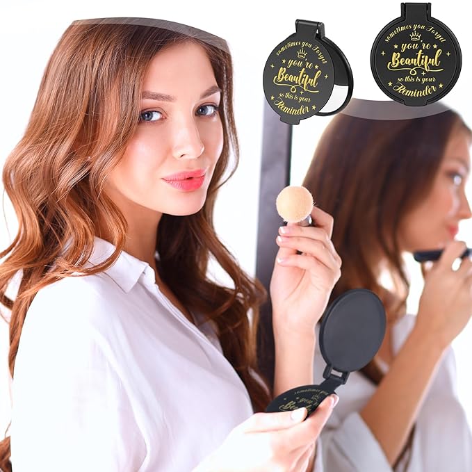 18 Pcs 2.76 Inch Inspirational Compact Mirror Bulk Women Small Gifts Graduation Party Favors Purse Mirror Pocket Mini Stuffer Items for Adult Coworker Cheerleader Employee (Black)