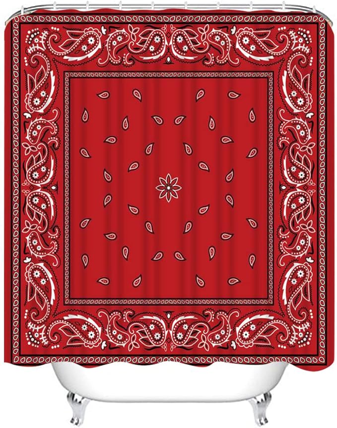 4 Piece Abstract Paisley Shower Curtain Waterproof Red Bandana Elegant Ethnic Tribal Bathroom Sets with Non-Slip Rugs, Toilet Lid Cover and Bath Mat with Standard Size