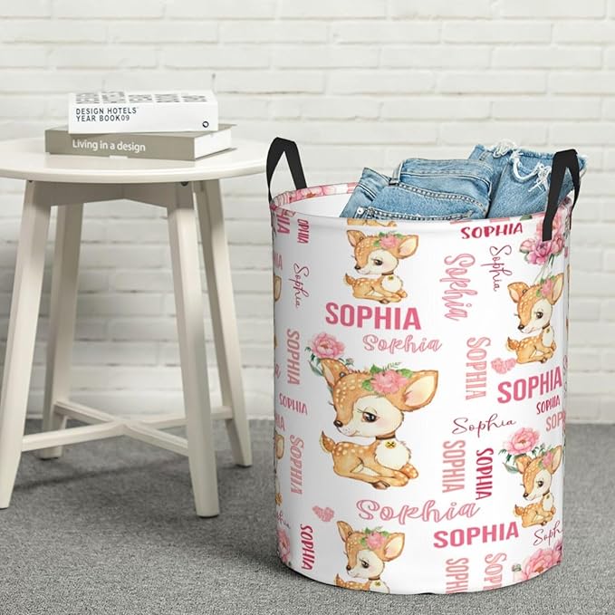 Personalized Deer Laundry Baskets, Custom Deer Gifts with Customized Name, Collapsible Laundry Hamper for Kids Adults Home Decoration,16.5 X 13.8in