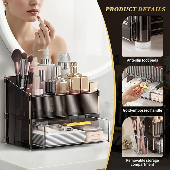 INVSSENE Stackable Makeup Organizer Countertop, Storage Perfume Skincare Cosmetic Lipstick Face Mask Makeup Brush Palettes, Ideal for Vanity Bathroom Counter