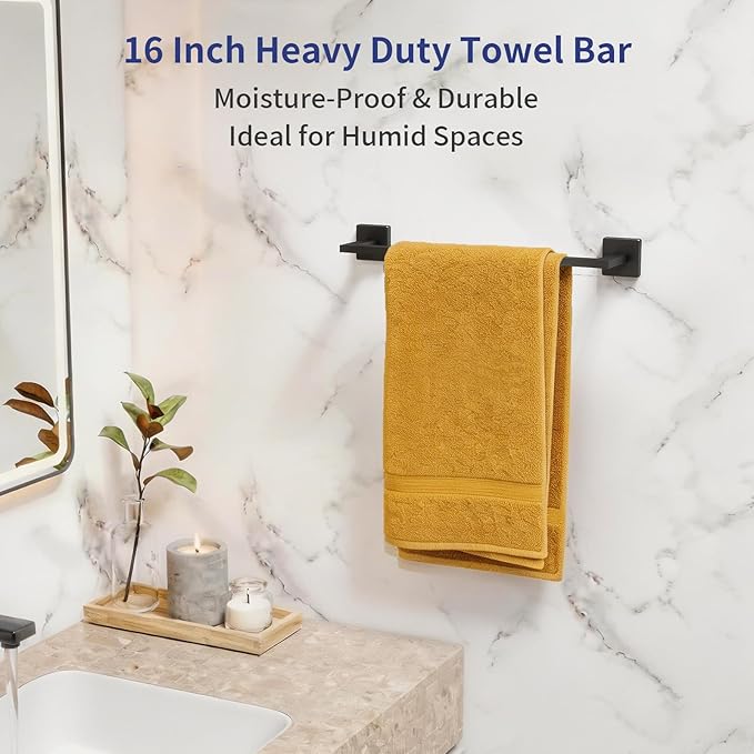 Matte Black Towel Bar, 16 Inch Towel Rack for Bathroom Wall Mounted, Thicken SUS304 Stainless Steel Heavy Duty Hand Towel Holder, Space Saving Towel Rod Modern Home Decor