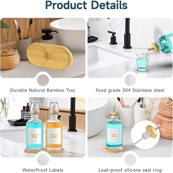 2PCS Glass Mouthwash Dispenser for Bathroom Countertop – 14oz/410ml Refillable Mouthwash Bottle with Stainless Steel Pour Spout & Bamboo Tray, Modern Decor for Home, Office, Airbnb (Clear)