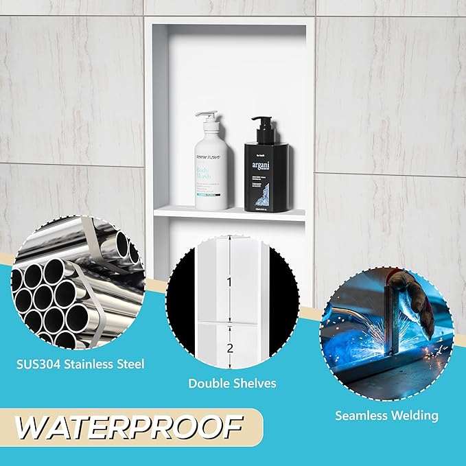 Neodrain White Shower Niche Insert Tile Ready, Stainless Steel Wall Niche 25.1"X13.1"(Inner Size 24"X12"), Two-Tier Bathroom recessed Shower Cabinet, NO Tile Needed for Shower wall
