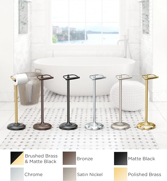 Home Accents Toilet Paper Holder Stand, Brass Finish, Freestanding Bathroom Floor Stand, Weighted Base, 22 Inch