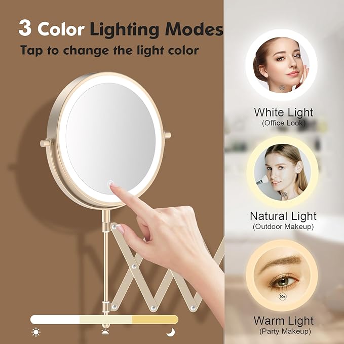 5000mAh Rechargeable Wall Mounted Makeup Mirror - 8 Inch Double Sided 1X/30X Magnifying Mirror with 3 Color Lights Dimmable Touch Screen, 360°Swivel 19.6 Inch Extendable Accordion Bathroom Mirror