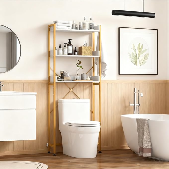 Giantex Over The Toilet Storage Shelf, 3-Tier Freestanding Space Saver Above Toilet with 4 Hooks, Adjustable Bottom Bar, Over Toilet Bathroom Organizer for Restroom, Laundry, Easy Assembly