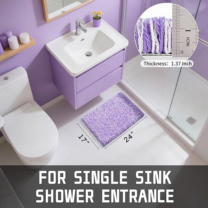 Yimobra Bathroom Rugs Non Slip Washable, Ultra Soft and Water Absorbent Bath Mats, Plush Fluffy Shower Mat Outside, Microfiber Thick Matts for Bathroom Floor/Sink, 24x17, Purple and White