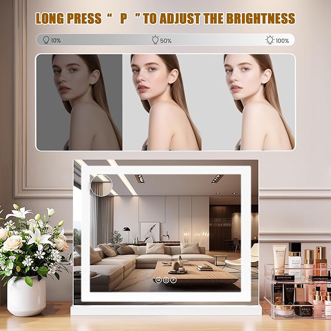 Vanity Mirror with Lights 23"x19", LED Makeup Mirror, 3 Color Lighting Modes, 10X Magnification, Smart Touch Control, Dimmable, Aluminum Metal Frame, Lighted Up for Vanity Desk (White)