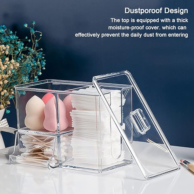 Cotton Buds Organizer - 3-Grid Q-tip Dispenser, Acrylic Crystal Clear Storage Box with Lid, Cosmetic Canister Case