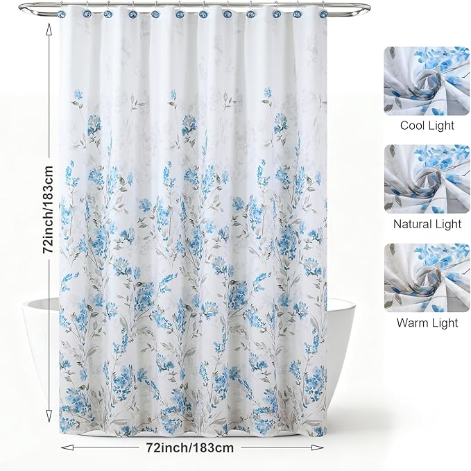 Blue Gray Floral Fabric Shower Curtain, Watercolor Flower Plant Shower Curtain, Waterproof Decorative Boho Botanical Bathroom Curtains, 72" W x 72" H