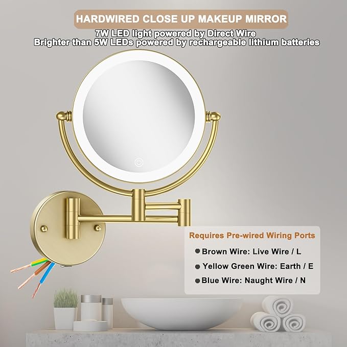 Lighted Makeup Mirror 10x Magnification Wall Mount, Hard Wired Double Sides 3 Color Lighting Touch Dimming, 360 Swivel Extended Arm Shaving Mirror for Bathroom, Satin Brushed Gold