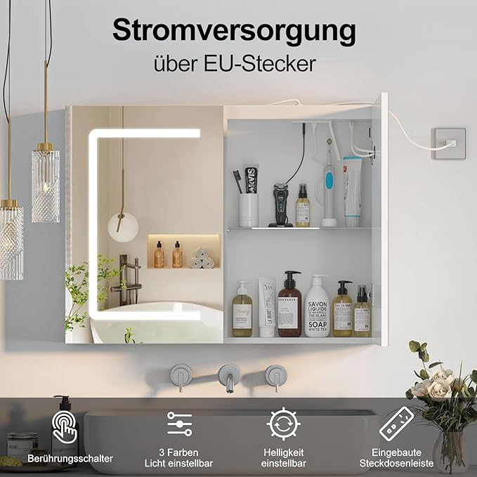 Medicine Cabinet with Lights, Lighted Bathroom Medicine Cabinet with Sockets & USB, Large Mirror Cabinet with Electrical Outlet, LED Mirror Cabinet,Color Adjustment,Wall Mounted 32X24Inch