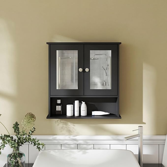 Panana Wall Mounted Bathroom Cabinet Wall Cabinet with 2 Mirrored Doors and Open Compartment, Inner Adjustable Shelf, 22" x 5.1" x 22.8" (Black)