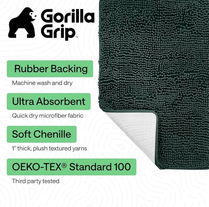 GORILLA GRIP Bath Rug Mat 60x24, Thick Soft Absorbent Chenille, Quick Dry Microfiber Mats, Rubber Backing Washable Shower Floor Rugs, Bathmat Runner, US Designed Bathroom Home Decor Accessories Hunter