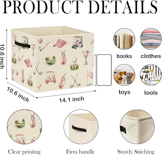 Pink Bow Golf Storage Bin Box with Handles, Golfers Golf Lovers Gifts Foldable Baskets Organizer for Girls Room Nursery Bathroom Home Sports Room Clothes Toys Books, Toybox for Girls