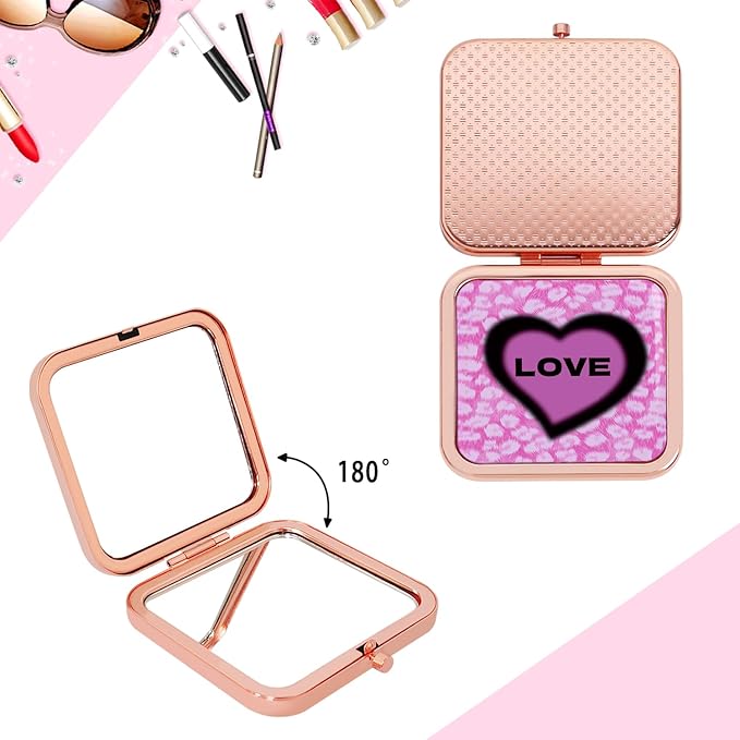 Pocket Mirror Mini Travel Makeup Purse Compact Accessories Beauty Magnifying Double Sides Mirror Portable Handheld Folding for Women Girls Rose Gold Pink Heart