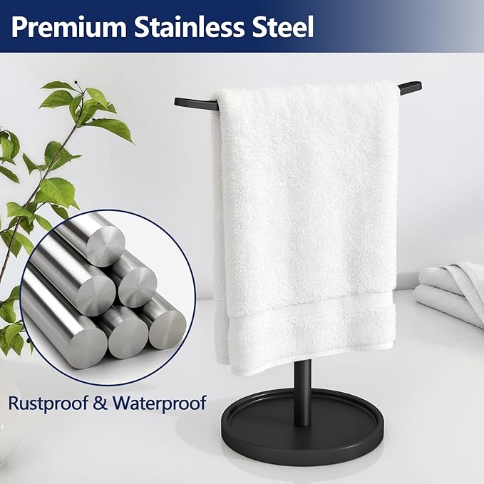 STWWO Hand Towel Holder, Stainless Steel Towel Holder Stand for Bathroom, Kitchen Countertop, T-Shaped Hand Towel Rack Stand, Black