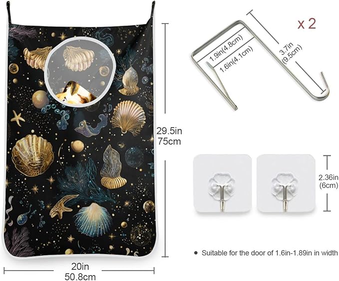 Shell Starfish Black Hanging Laundry Hamper Door Hampers Bag Basket with Stainless Steel Hooks Oxford Fabric Printing Decorative Clothes Bags 29.5X20inch 2Pack