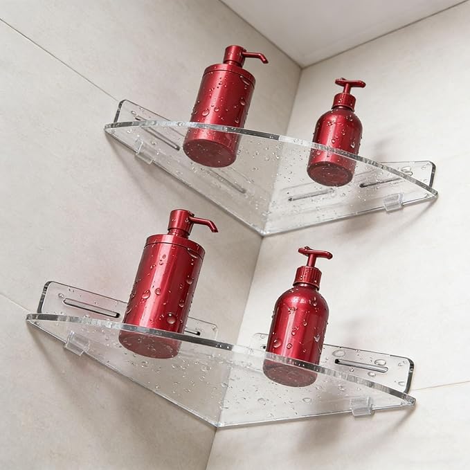 AUNMAS Acrylic Corner Floating Shelves, Strong Load Bearing No Drill Wall Mounted Bathroom Shelf for Bathroom Storage Organization (Transparent)