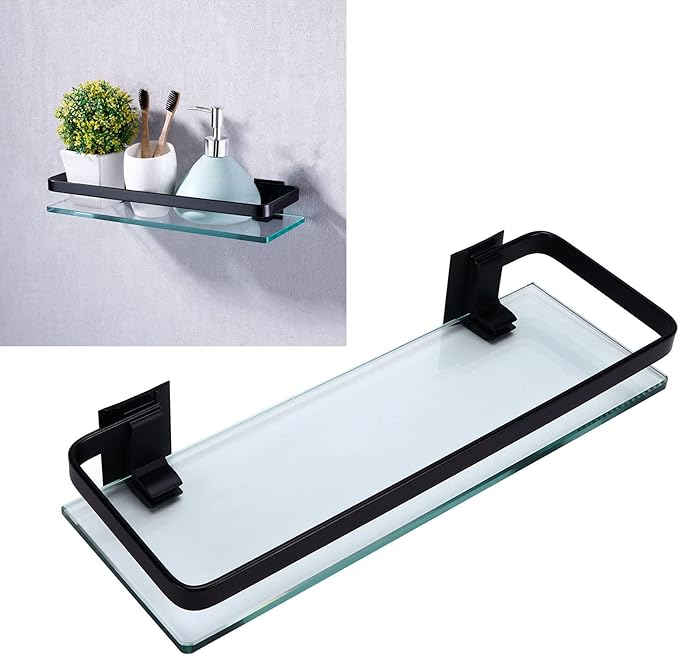 Bathroom Rack Thickened Durable Large Storage Space Strong Load Bearing Capacity Single Layer Black Shelf for Bathroom Kitchen Aluminum Glass