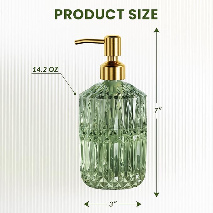 AmazerBath Soap Dispenser, 2 Pack Green Glass Soap Dispenser with Pump Stainless Steel, 14.2OZ Luxury Gold Hand Soap Bottles Bathroom Kitchen