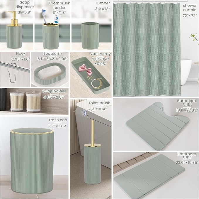 Sage Green and Gold Bathroom Accessories Set - Bathroom Sets, 25PC Bath Accessory Set, Bathroom Sets with Push Top Trash Can, Shower Curtain and Rugs, Toilet Brush, Trash Can & Soap Dispenser