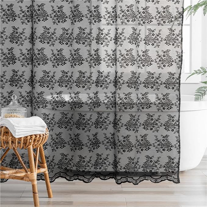 YJ YANJUN Black Lace Shower Curtain Luxury Vintage Sheer Shower Curtain with Attached Valance Elegant Boho Bath Curtain for Bathroom Gothic Halloween Bathroom Decor 72 x 72 Inches