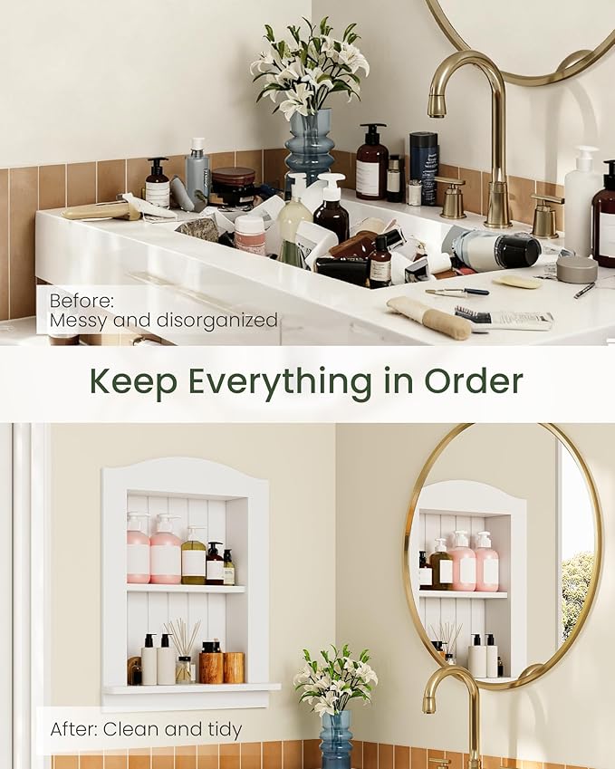CHOEZON Recessed Wall Niche, 2-Tier Recessed Medicine Cabinet, Bathroom Cabinet Wall Mount, Bamboo Medicine Organizer, Wall Storage Cabinet, for Bathroom, Living Room, Kitchen, White