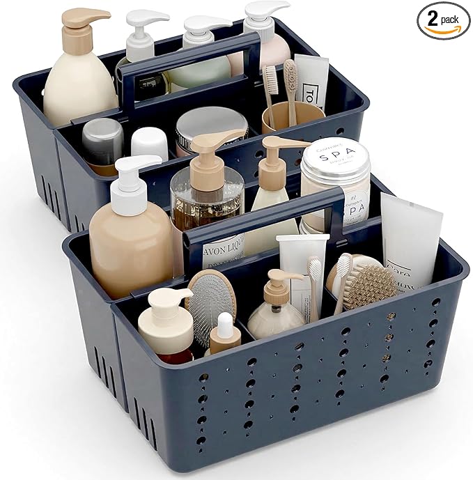 Lifewit Shower Caddy Portable, Cleaning Supplies Caddy Organizer with Handle and Adjustable Dividers, Plastic Shower Basket for Dorm Room Essentials, College, Bathroom, Slate Blue, 2 Packs
